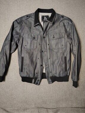 Vintage LRG Denim Bomber Jacket Dark Gray Streetwear Y2K Epaulets Men's Size XL
